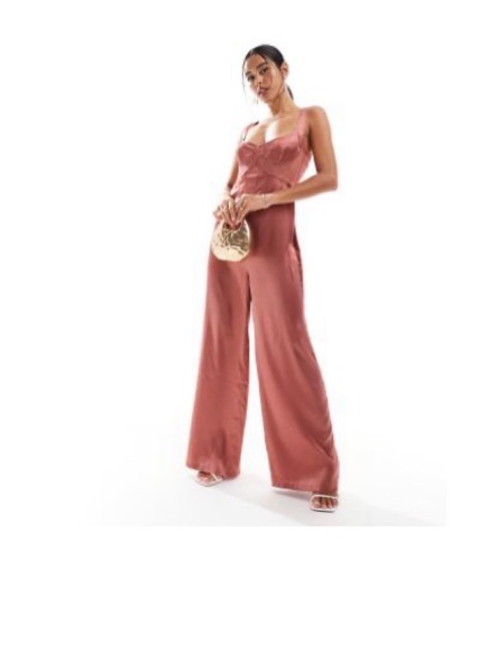ASOS DESIGN lace mix corset detail wide leg satin jumpsuit in brown